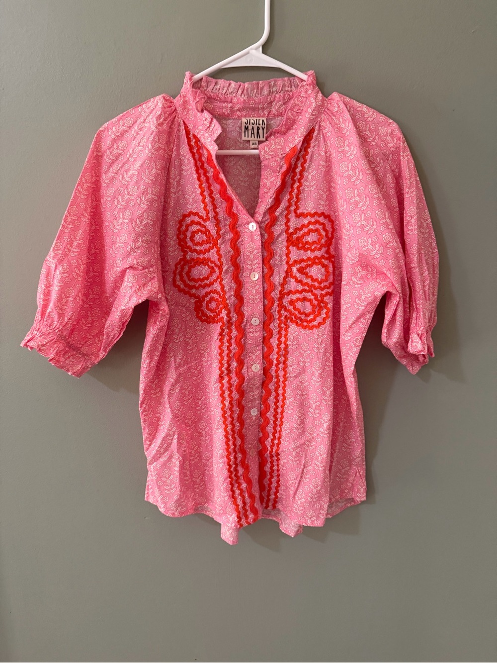Sister Mary "Rosalinda" Pink Floral Block Print Blouse, a bohemian-style top XS